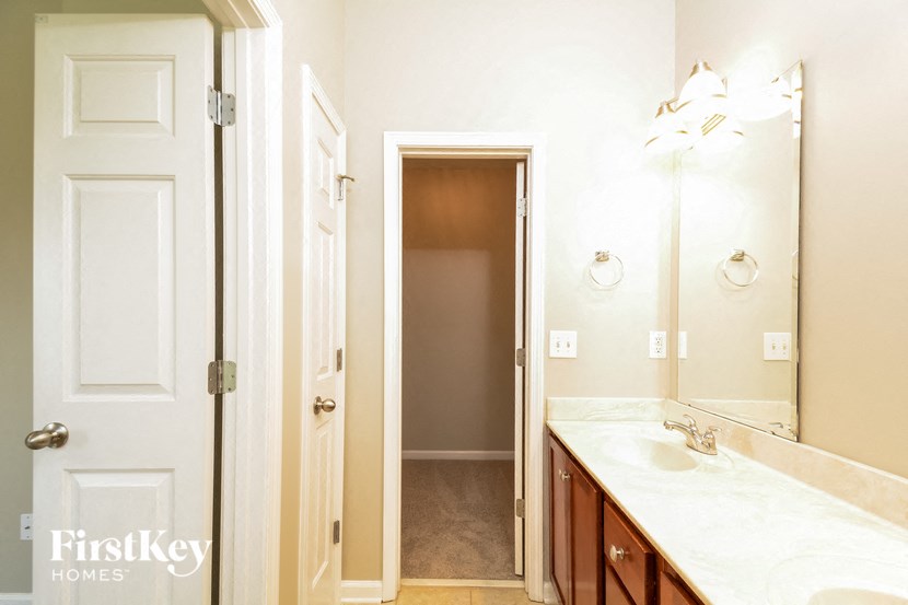 a bathroom with a sink and a mirror and a shower