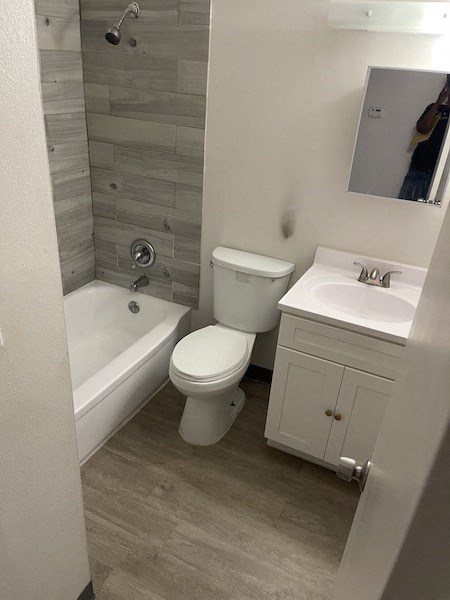 a bathroom with a toilet and a tub and a sink