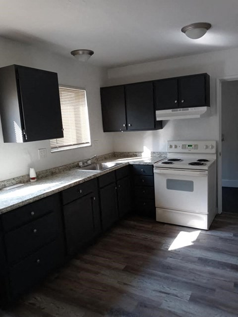 an empty kitchen with black cabinets and a white stove