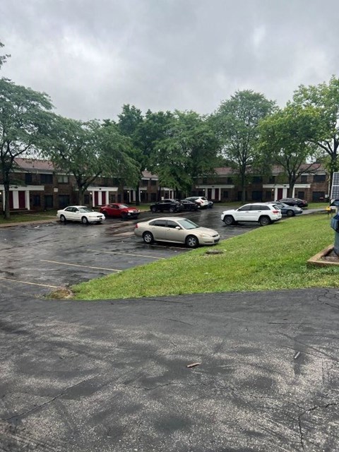 a parking lot with cars parked in it