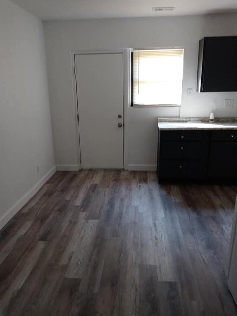 a room with wooden floors and a sink and a door
