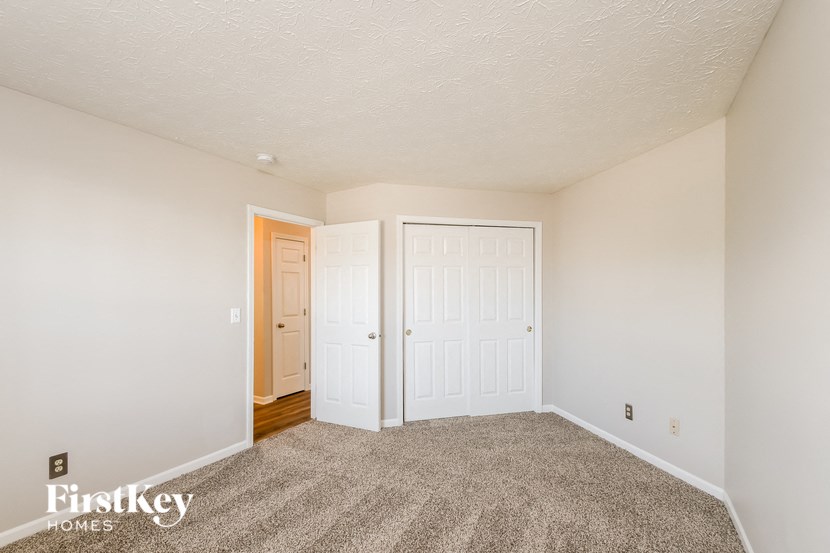 a bedroom with two closets and a carpeted floor