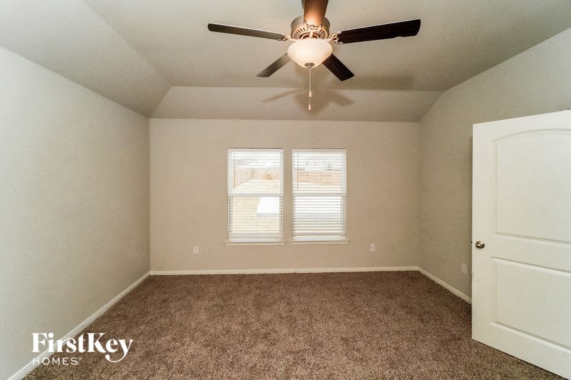 A room with a carpeted floor, a ceiling fan, and a window with blinds.