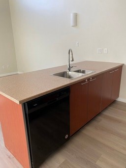 A kitchen with a sink and a dishwasher.
