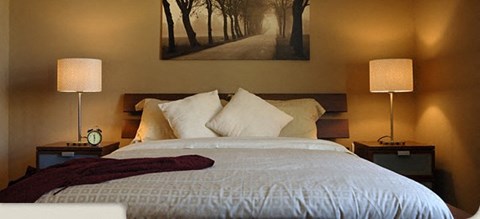 A bed with a white comforter and two pillows is flanked by two lamps on small tables.