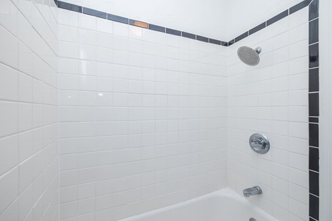 A white tiled shower with a black border and a silver shower head.