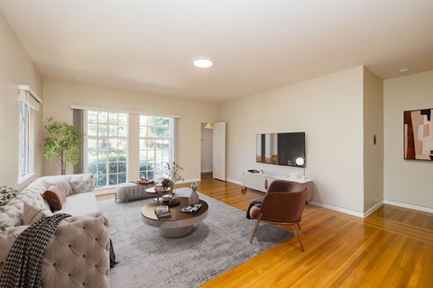 A living room with a white couch and a grey rug.