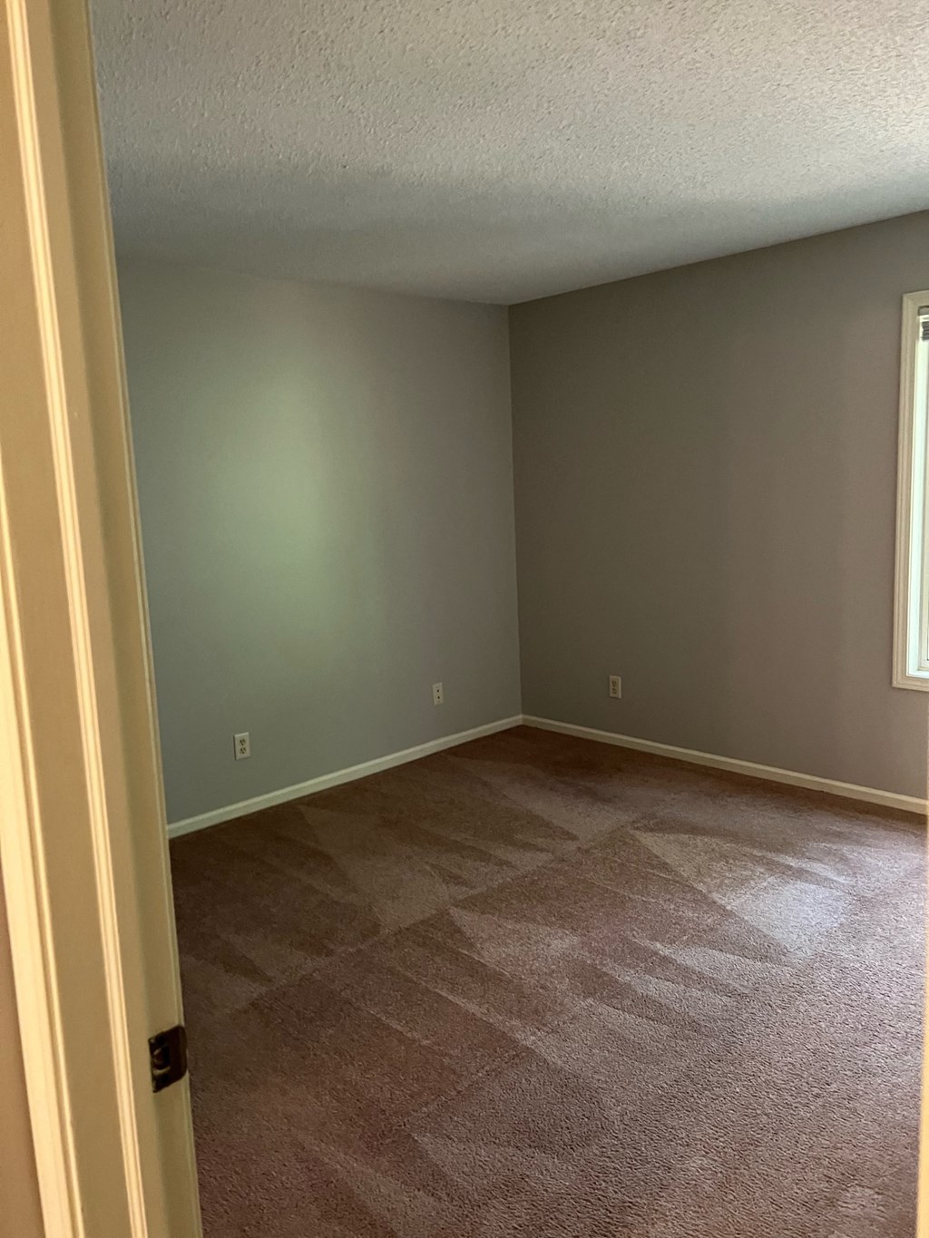 a bedroom with a carpeted floor and gray walls