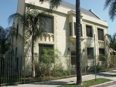 A white building with a black fence and a palm tree in front.