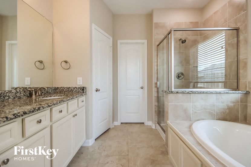 a bathroom with a sink and a shower and a tub