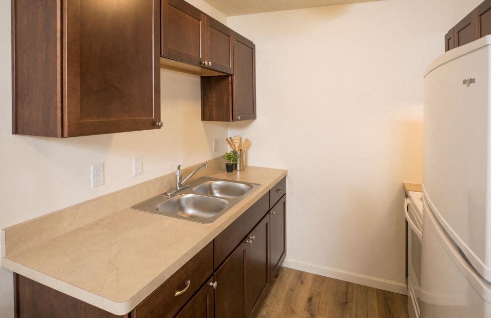 a kitchen with a sink and a refrigerator