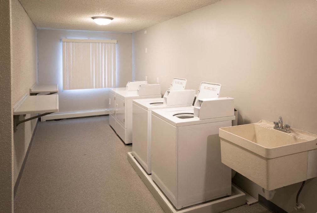 a row of washing machines and sinks in a room