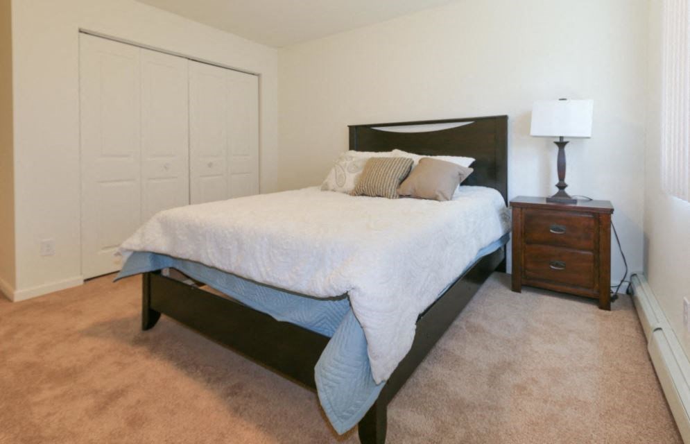 a bedroom with a bed and a closet