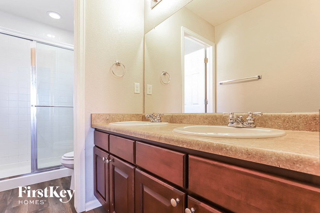 a bathroom with a sink and a mirror and a shower