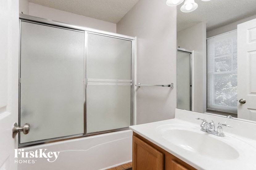a bathroom with a sink and a shower and a mirror