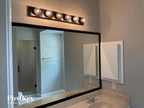 a bathroom with a sink and a large mirror