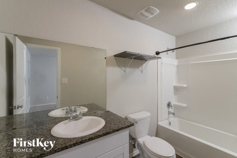 a bathroom with a sink and a toilet and a bath tub