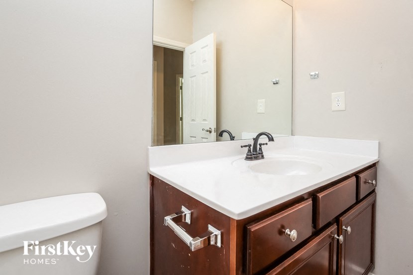 a bathroom with a sink and a toilet and a mirror