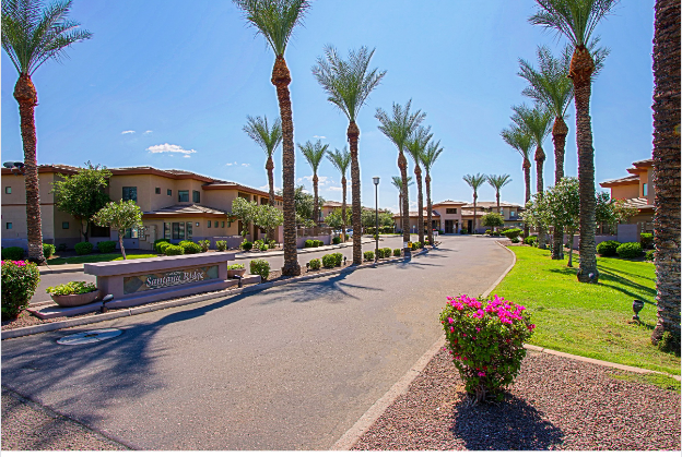 a street with palm trees and houses on either side of it