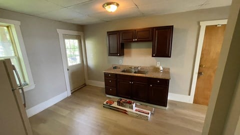 a kitchen being remodeled in a new house