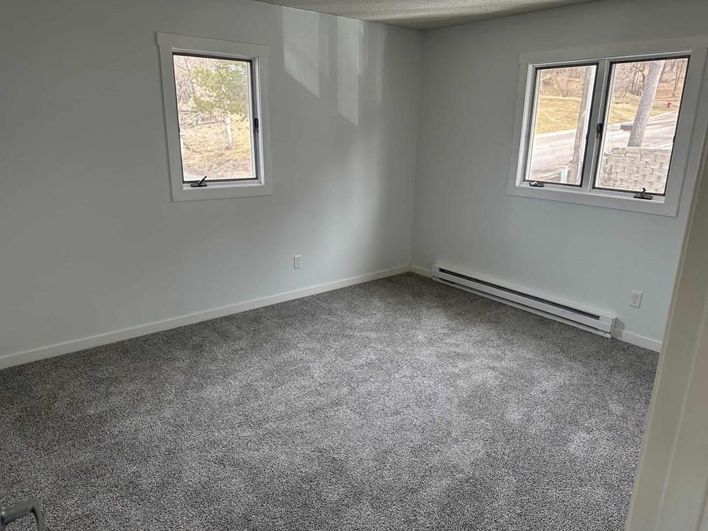 a room with carpet and two windows in it