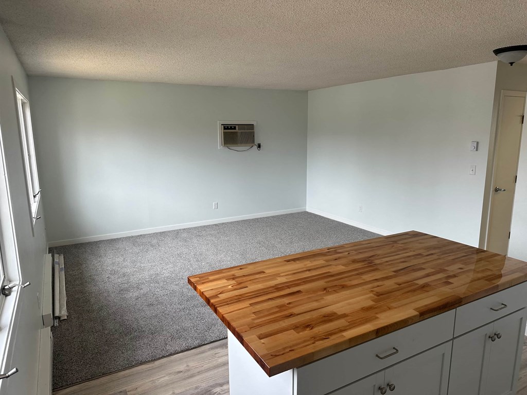 a kitchen with a wooden counter top in an empty room