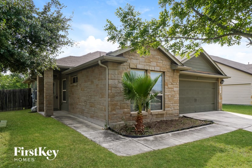 A house with a brown stone exterior and a palm tree in front.
