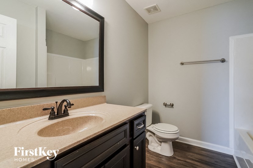 a bathroom with a sink and a toilet and a mirror