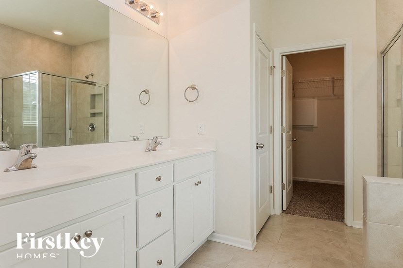 a bathroom with a sink and a mirror and a shower