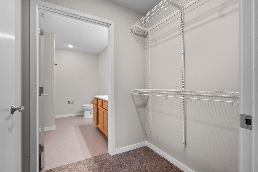 a bathroom with a closet and a shower and a toilet
