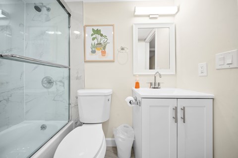 a white bathroom with a shower toilet and sink