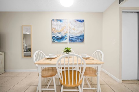 a dining room with a table and chairs