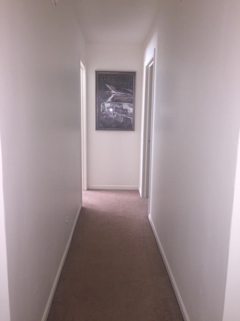 A hallway with a picture on the wall.