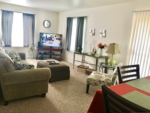 A living room with a couch, chair, and television.
