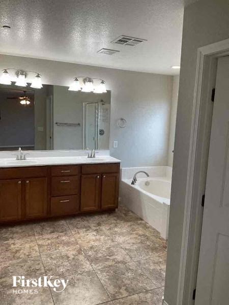 a bathroom with a tub and a sink and a mirror