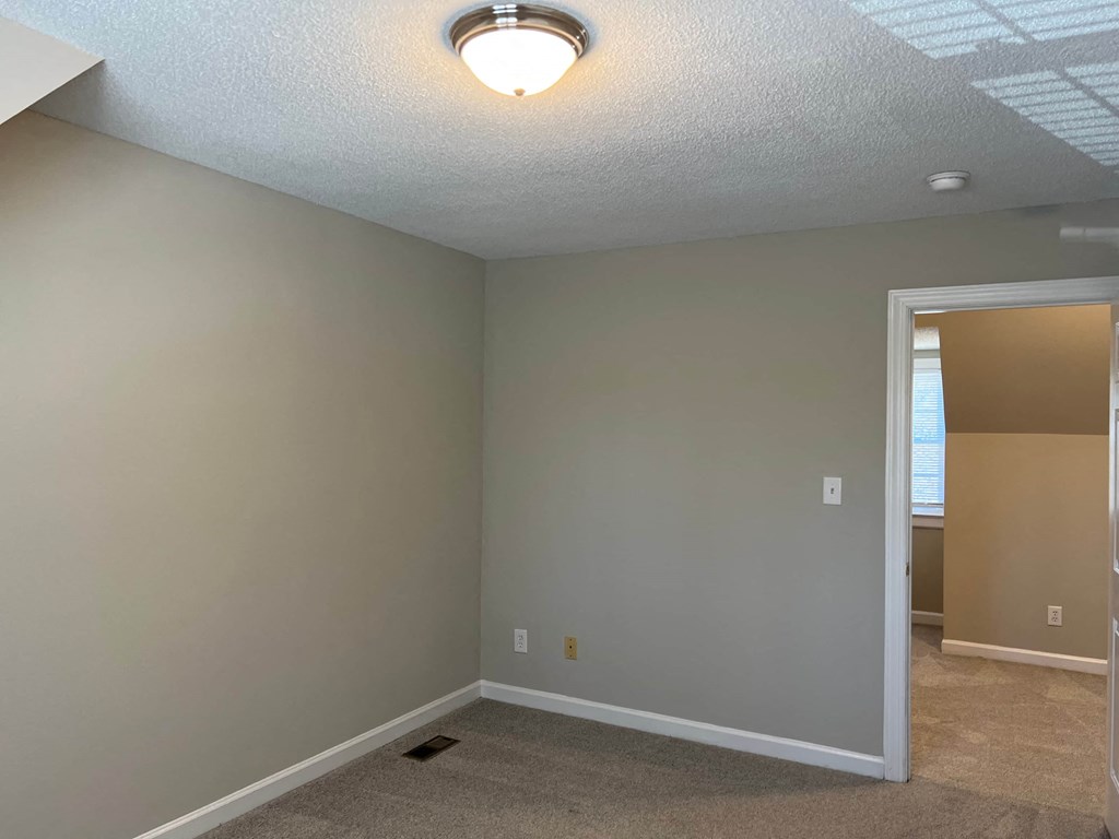 A room with a carpet floor and a ceiling light.