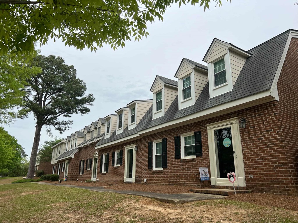 A row of houses with a tree in front of them.