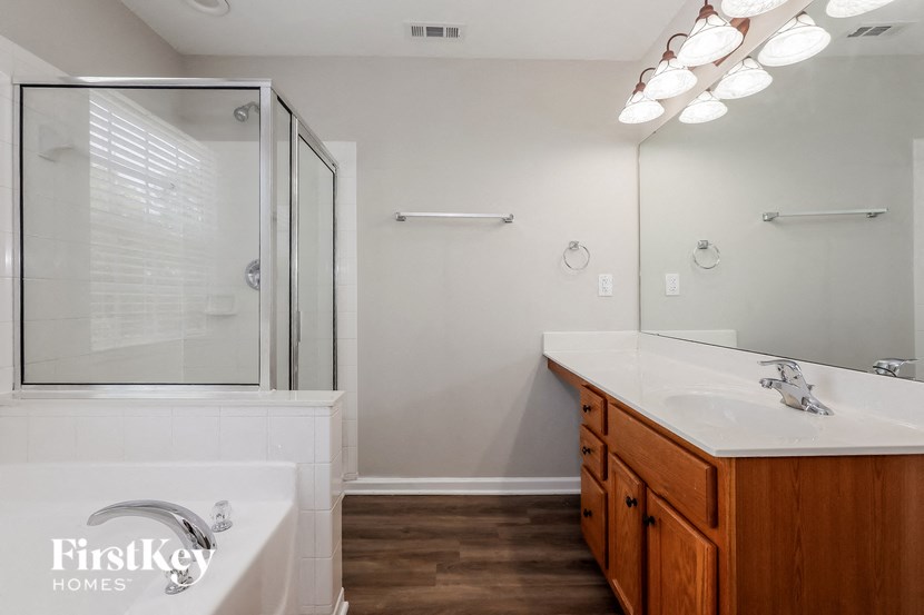 a bathroom with a sink and a shower and a mirror