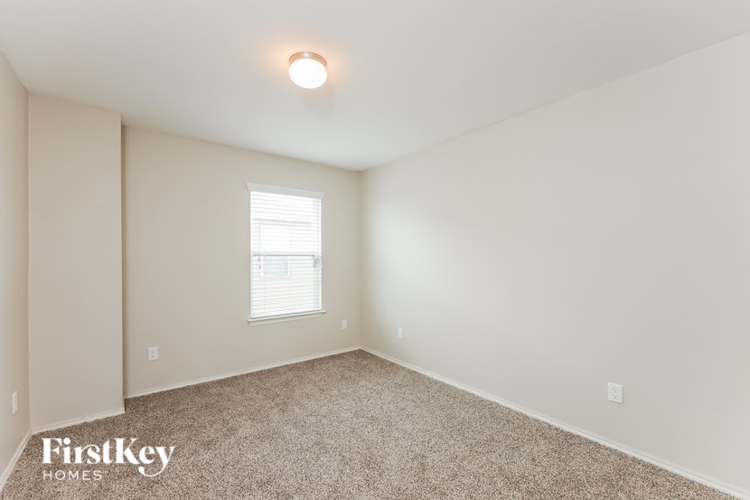 A room with a window and a carpeted floor.