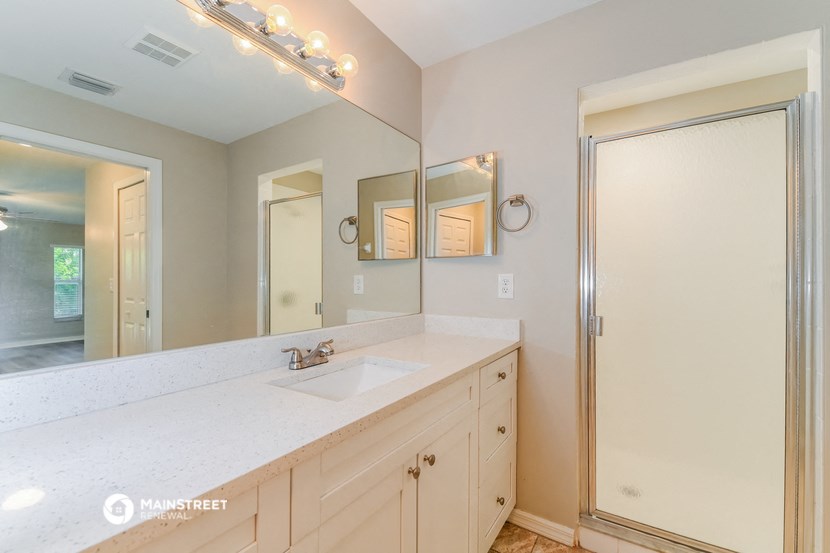 a bathroom with a sink and a shower and a mirror