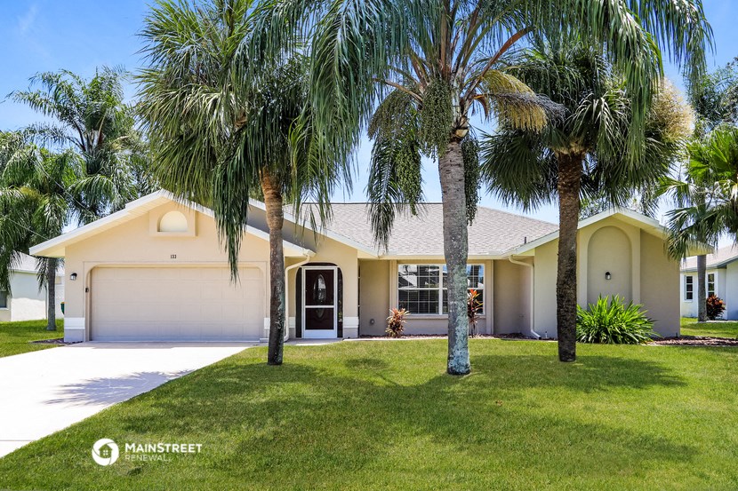 a house with palm trees in front of it
