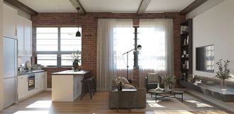 a living room and kitchen in a loft apartment