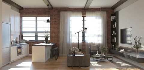 A modern kitchen with a brick wall and wooden floors.