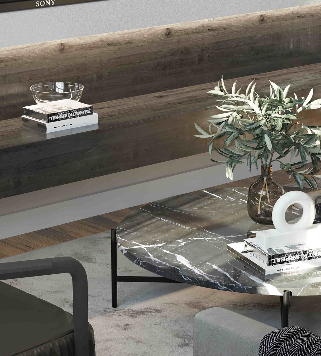 a living room with a table with books and a plant on it