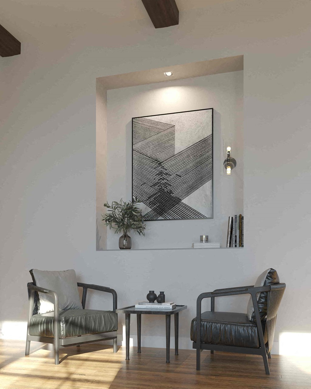 a living room with two chairs and a table