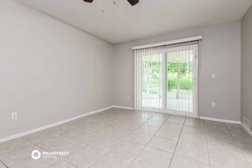 the spacious living room with sliding glass doors to the patio