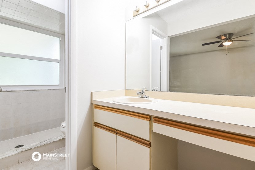 a bathroom with a sink and a mirror and a shower