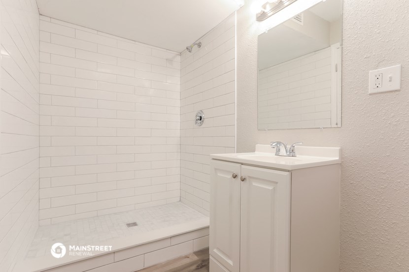 a bathroom with a sink and a shower and a mirror