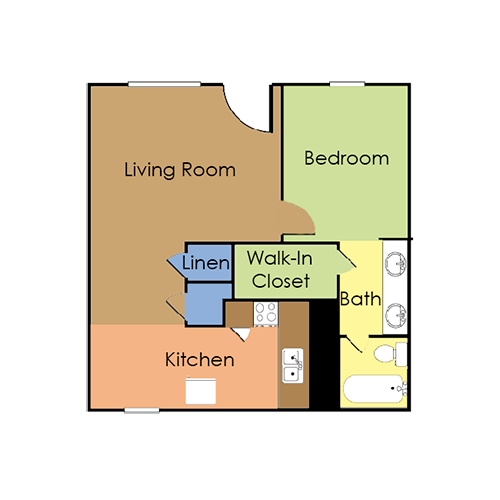 One bedroom one bath floor plan at Victoria Square Apartment Homes located in Lawton Oklahoma