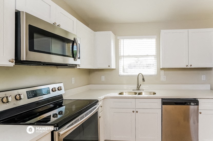 a kitchen with white cabinets and a stove and a microwave